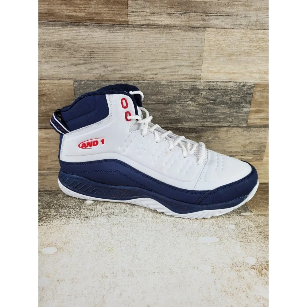 AND1 Pulse 2 Mens Basketball Shoes Sz 13 White Navy Blue Red Lace Up Sneakers
